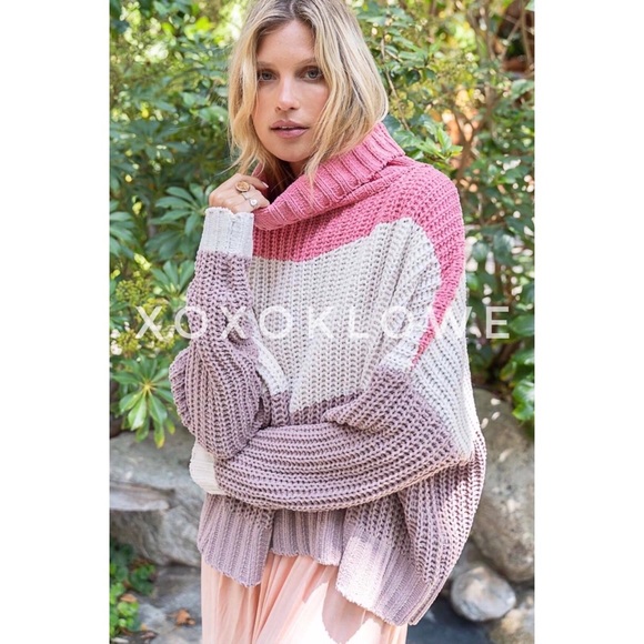 POL PLUS Pink 3 Tone Color Block Sweater Turtleneck Oversize Fit - Picture 6 of 14
